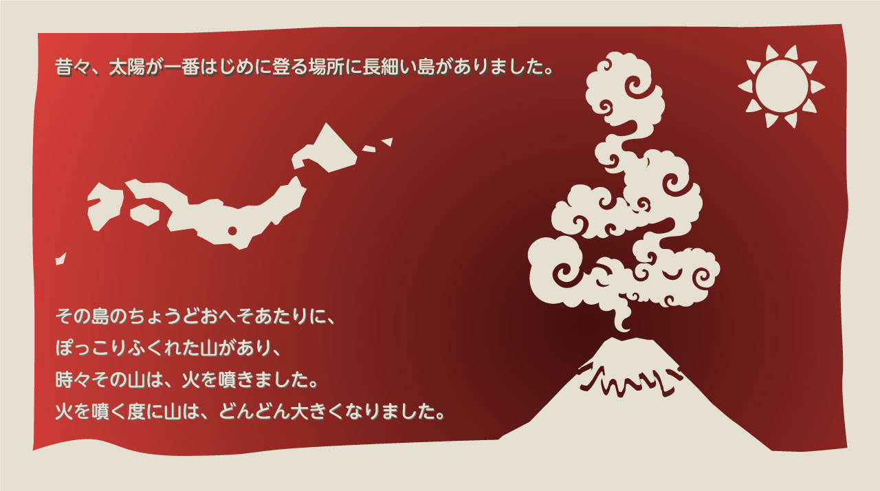 昔々、太陽が一番はじめに登る場所に細長い島がありました。その島のちょうどおへそあたりに、ぽっこりふくれた山があり、時々その山は、火を噴きました。火を噴く度に山は、どんどん大きくなりました。