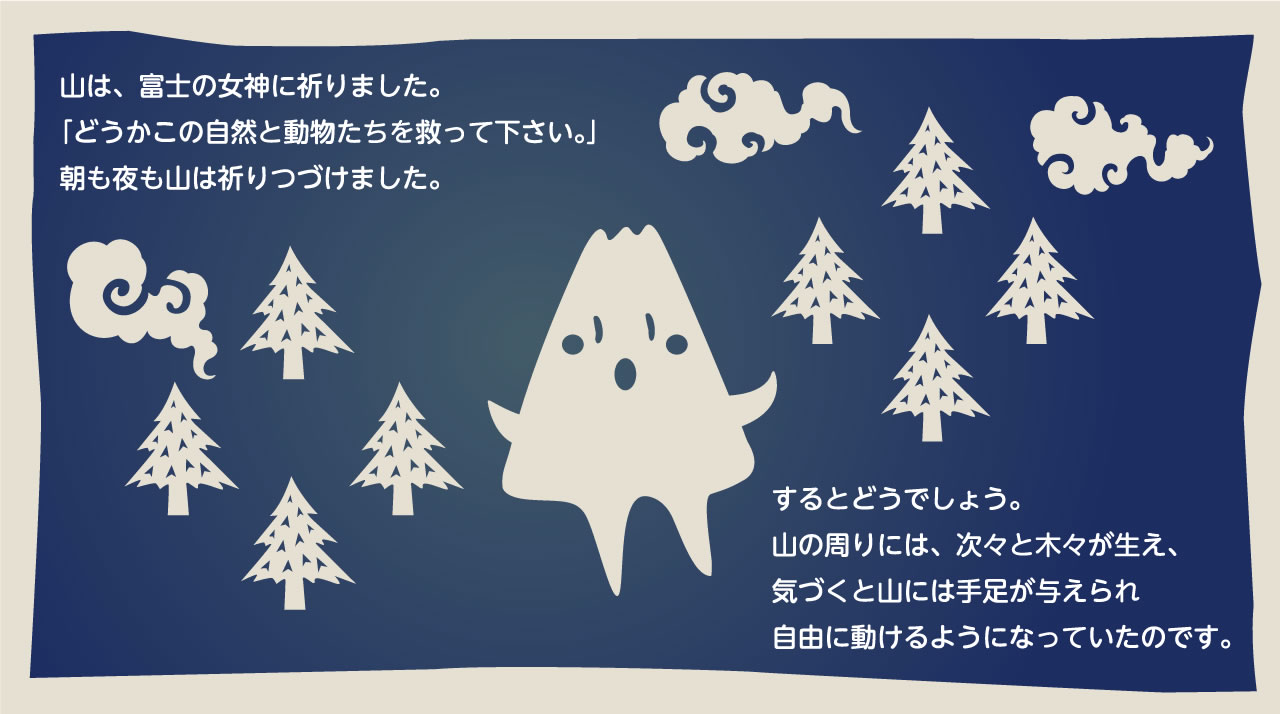 山は、富士の女神に祈りました。「どうかこの自然と動物たちを救って下さい。」朝も夜も山は祈りつづけました。するとどうでしょう。山の周りには、次々と木々が生え、気づくと山には手足が与えられ自由に動けるようになっていたのです。